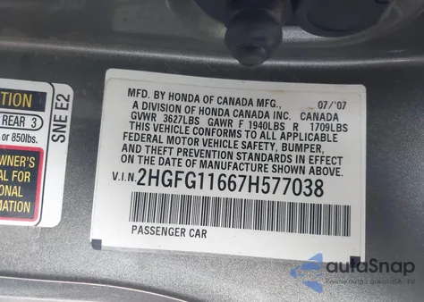 2007 Honda Civic Lx from USA, damaged, VIN 2HGFG11667H577038
